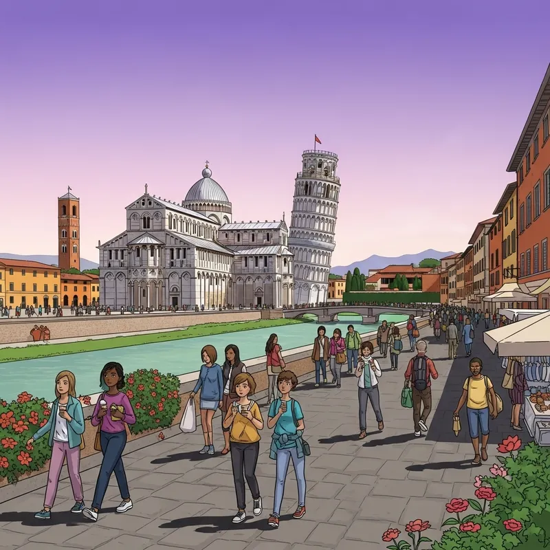 Purple-Hued Sunset Over Leaning Tower of Pisa | Italian Renaissance Cityscape