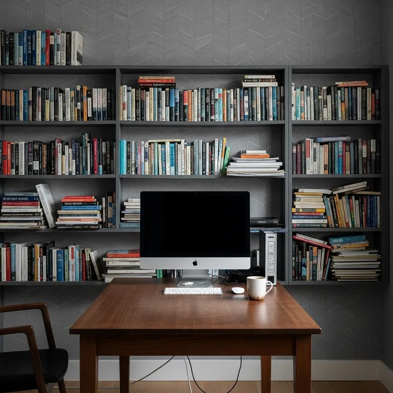 Serene Workspace with Computer, Books, and Tea Mug