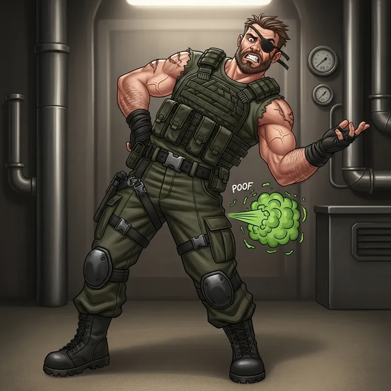 Muscular Man in Combat Outfit Farting in Humorous Pose Muscular Man in Combat Outfit Farting in Humorous Pose