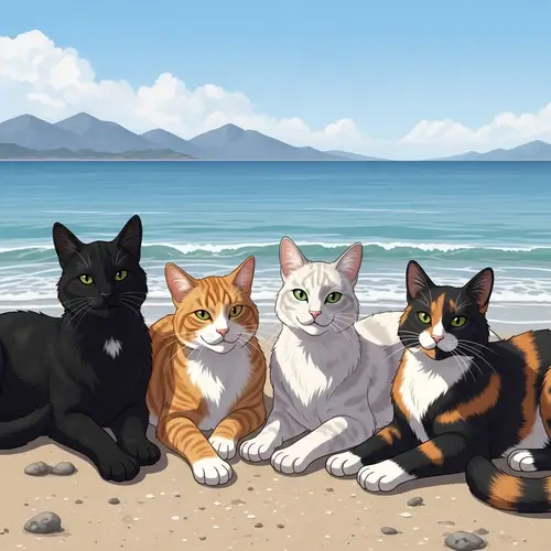 Cute Cat Girls Relaxing on Ocean Beach | Beautiful Mountain View