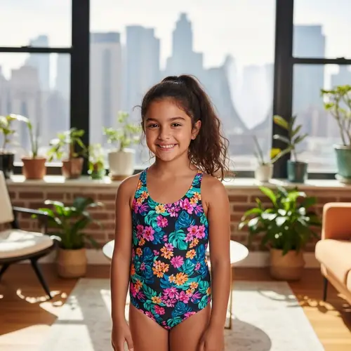 Young Hispanic Girl in Swimsuit Enjoying Modern House in New York City