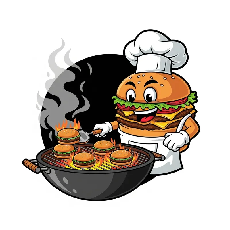 Fun Burger Chef Cooking Small Hamburgers | Kitchen Logo Design Fun Burger Chef Cooking Small Hamburgers | Kitchen Logo Design