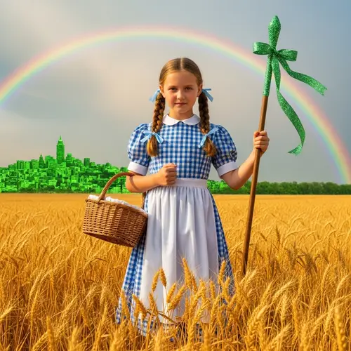 Historical American Midwest Girl in Wheat Field with Emerald City Background