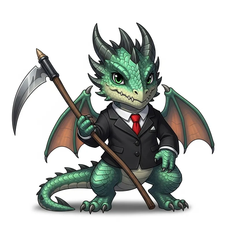 Adorable Dragon in Black Suit with Scythe | Mythical Creature Art