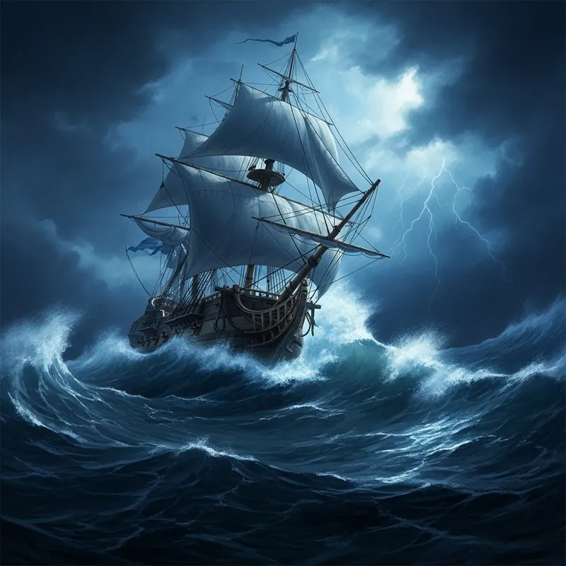 Majestic 17th Century Ship Sailing Through Stormy Night - Historical Genre Painting