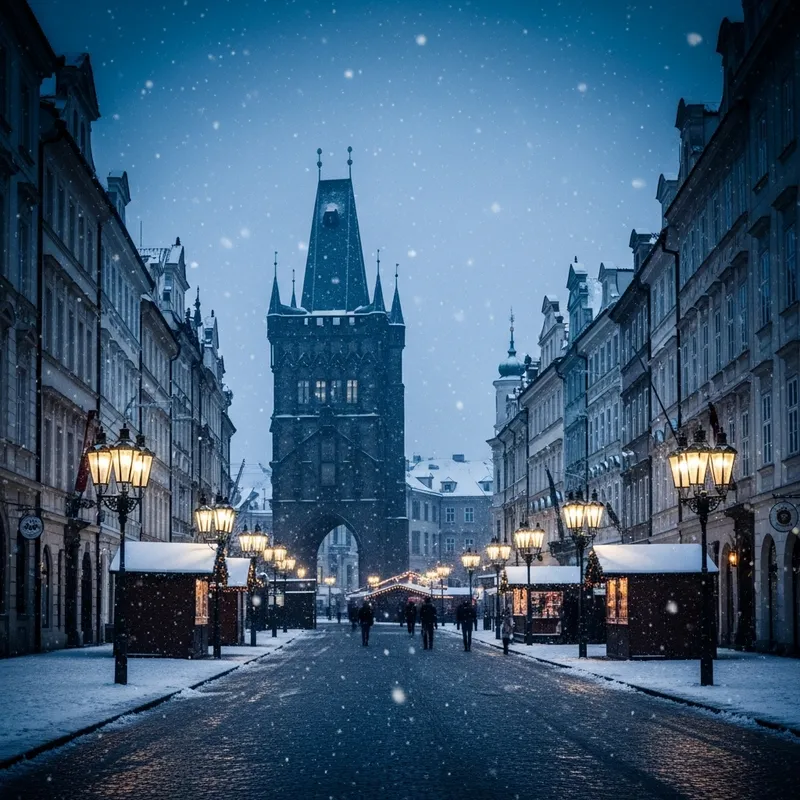 Magical Winter Wonderland in Prague: Enchanting Snowy Christmas Market Scene