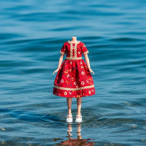 Elegant Doll in Red Dress on the Sea | Stunning Contrast