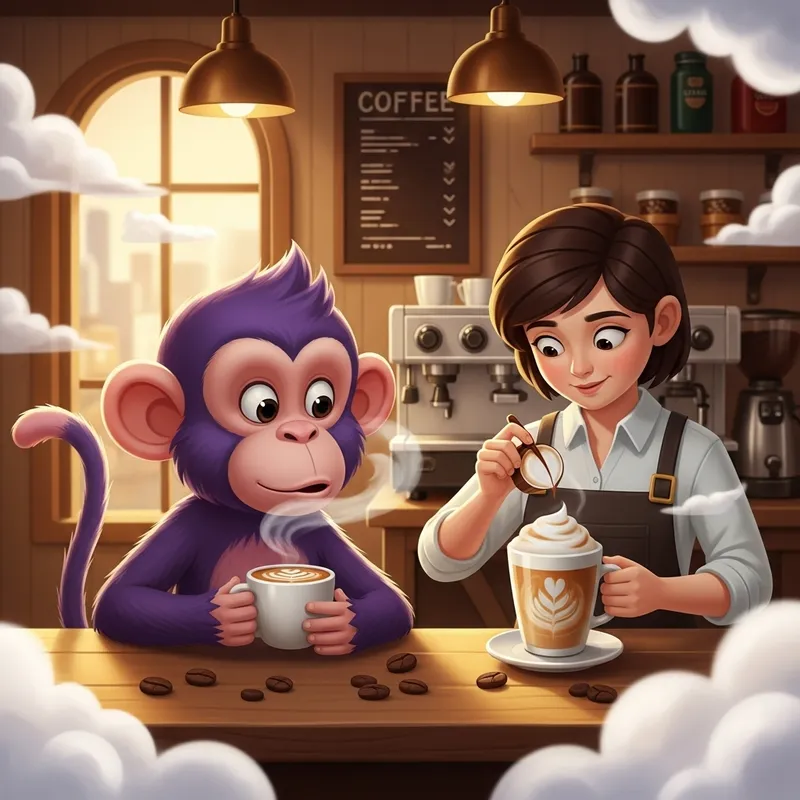 Animated Purple Monkey at Charming Coffee Spot Animated Purple Monkey at Charming Coffee Spot
