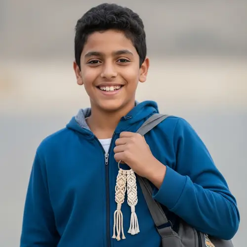 Middle Eastern Boy Carrying Bag with Macrame Keychain