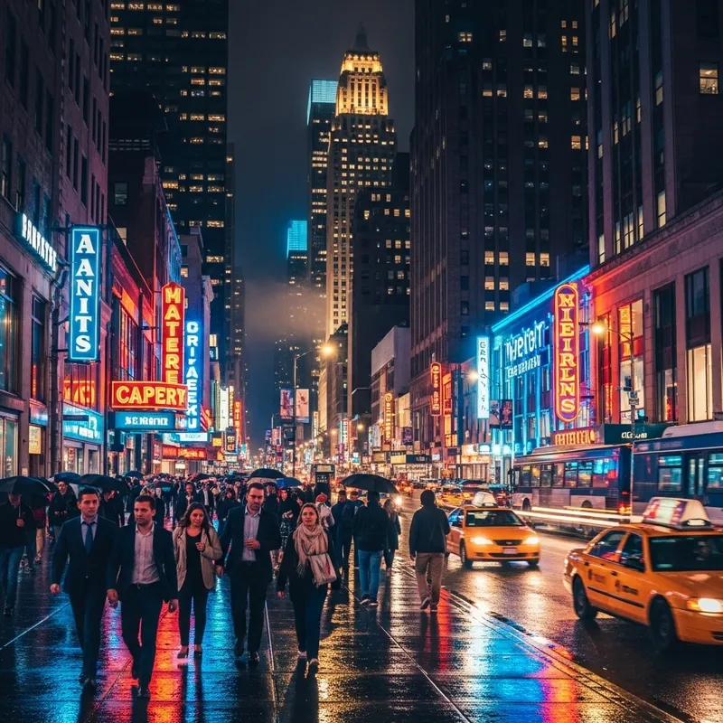 Night Pedestrian Sidewalk Amidst Skyscrapers