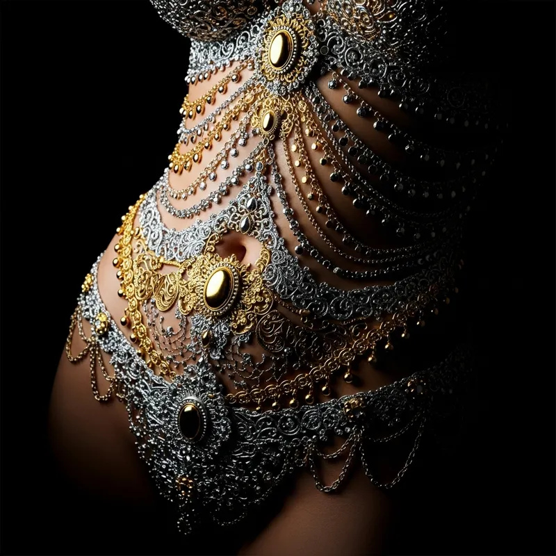 Luxurious Stomach Art in Gold and Silver on Black Background