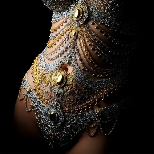 Luxurious Gold and Silver Stomach Art on Black Background