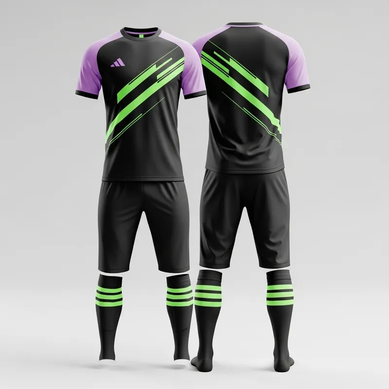 Powerful Black Soccer Uniform with Light Purple Accents & Neon Green Stripes Powerful Black Soccer Uniform with Light Purple Accents & Neon Green Stripes