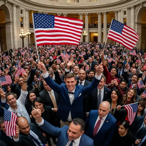 Celebration at Grand Government Building | Diverse Crowd Cheering
