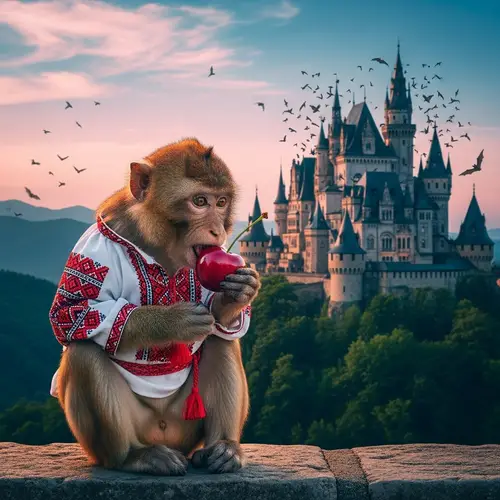 Adorable Monkey Eating Cherry at Castle | Ukrainian Shirt
