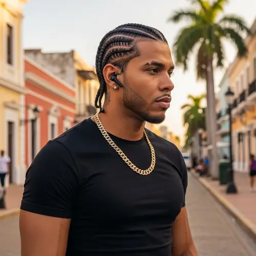 Dominican Man with Stylish Cornrows, Ear Piece, and Chain