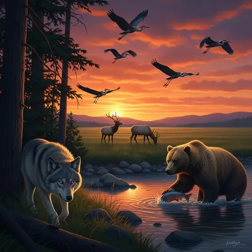 Spectacular Wildlife Scene at Dusk: Gray Wolf, Grizzly Bear, Herons, Elk