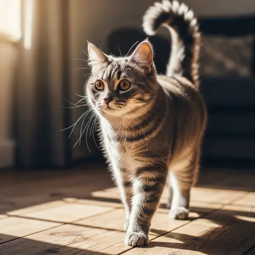 Graceful Domestic Cat with Fluffy Fur in Varying Shades of Grey
