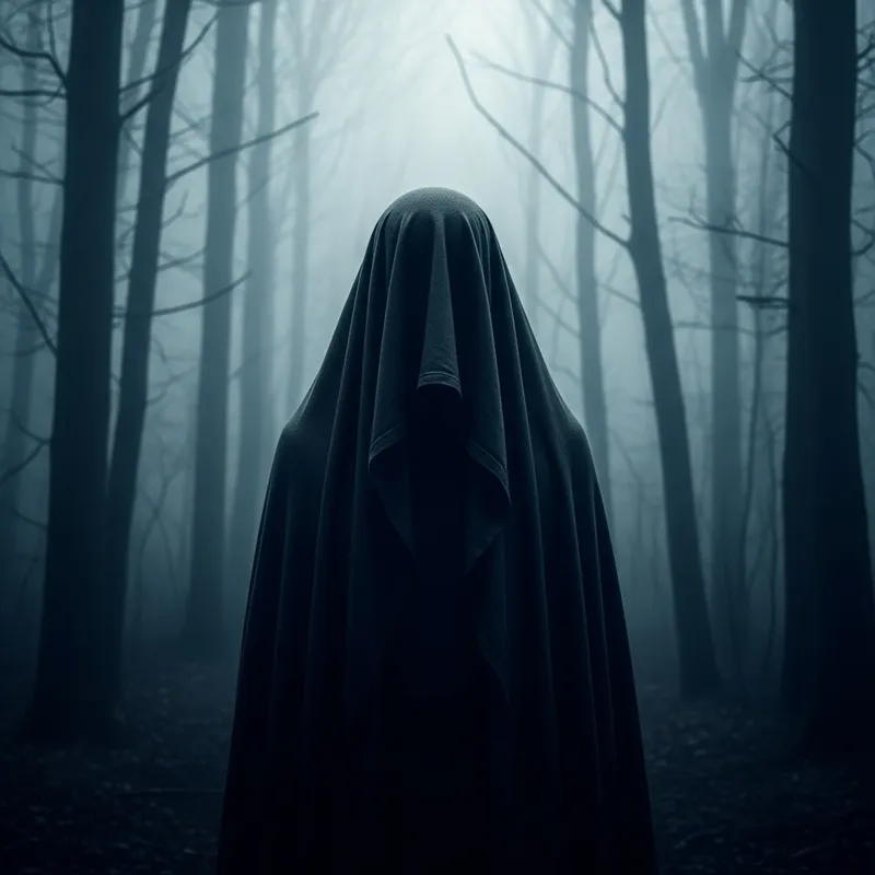 Veiled Figure in Misty Forest: Eerie Mystery Revealed