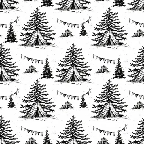 Vintage-Inspired Fir and Tree Motif Pattern with Fluttering Flags