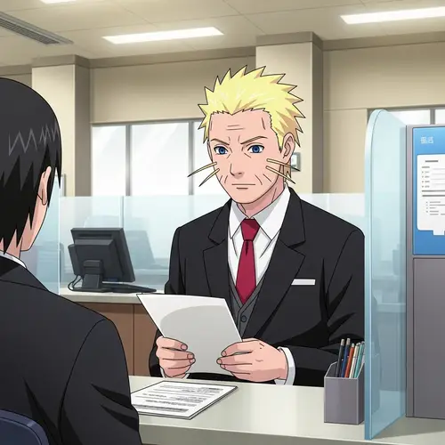 Animated Character in Bank Suit Helping Customer