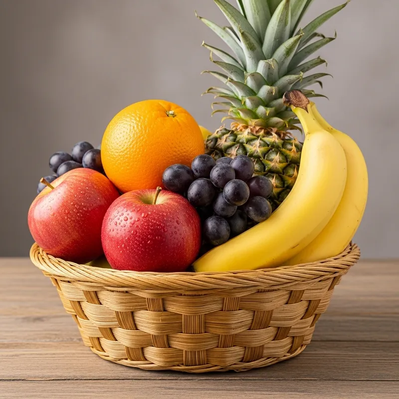 Colorful Fruit Basket Displayed on Wooden Table