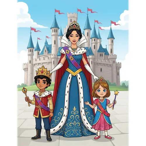 Cartoon Queen with Children and Castle - Enchanting Fantasy Scene
