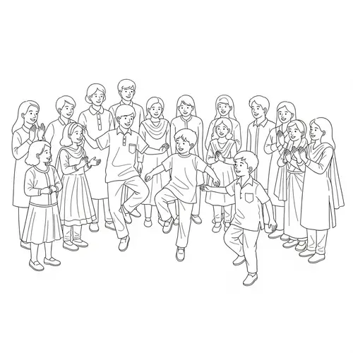 Indian 90's Kids Joyful Outdoor Game Line Art Illustration