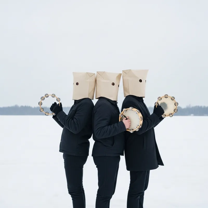 Diverse Trio with Tambourines in Snow-Covered Field