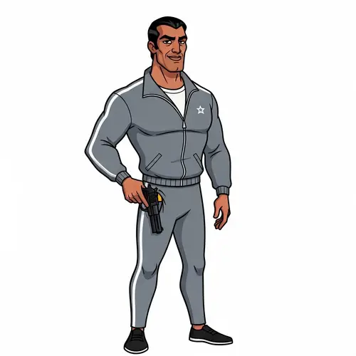 Cartoon Middle-Eastern Man in Grey Tracksuit with Black Pistol