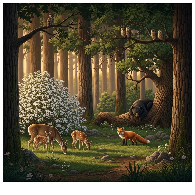 Tranquil Forest Animals: Deer, Fox, Bear & Owls Harmony