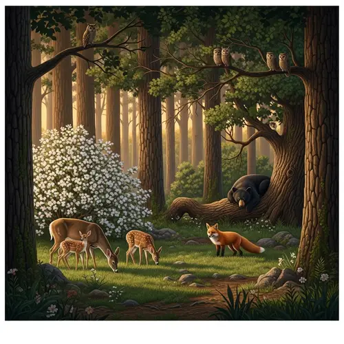 Tranquil Forest Scene: Deer, Fox, Bear & Owls Coexisting