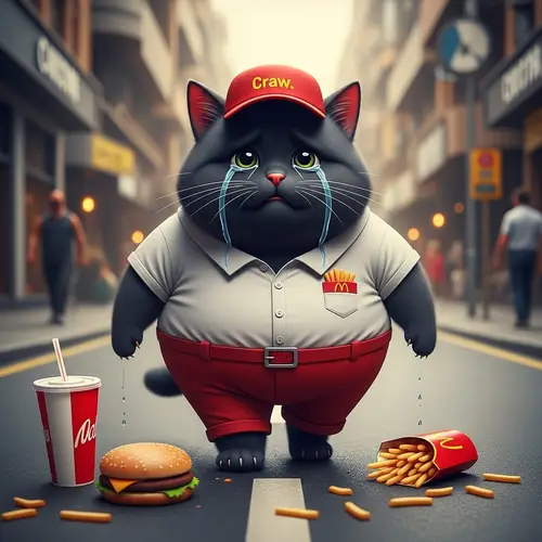 Sorrowful Cartoon Black Cat in Fast Food Uniform Crying