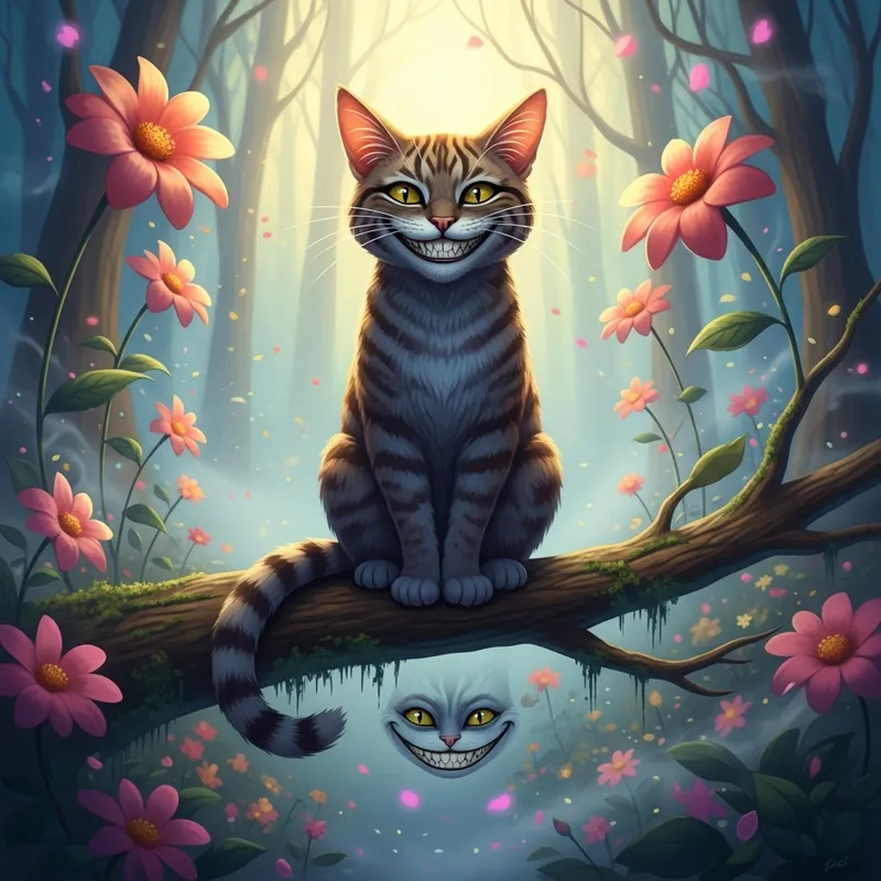 Alice in Wonderland Cat: Mystical Feline in Surreal Forest Alice in Wonderland Cat: Mystical Feline in Surreal Forest