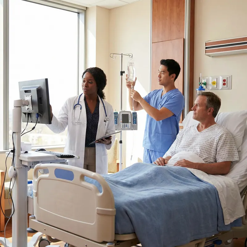 Diverse Hospital Room: Black Doctor, Asian Nurse, White Patient