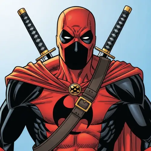 Dynamic Superhero in Red and Black Costume with Swords
