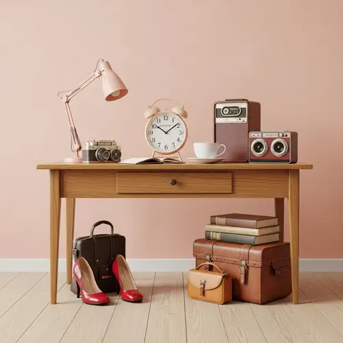 Vintage Retro-Style Wooden Table with Fashion-Focused Background
