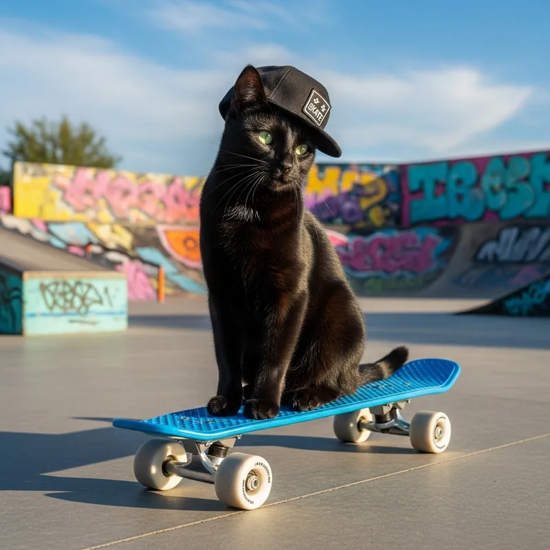 Black Cat Skating in Blue Skateboard Hat Black Cat Skating in Blue Skateboard Hat