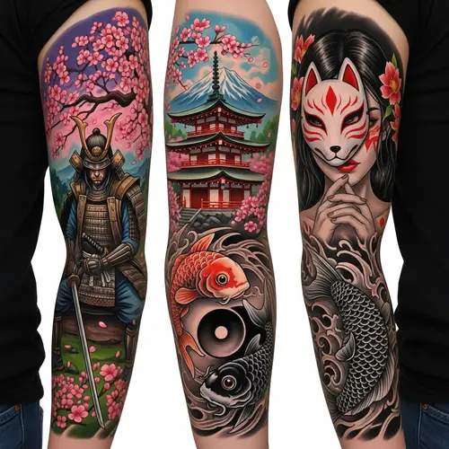 Samurai Tattoo Design with Japanese Temple and Koi Fish