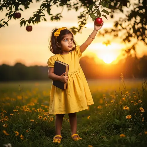 Young South Asian Girl with Favorite Book in Sunflower Dress