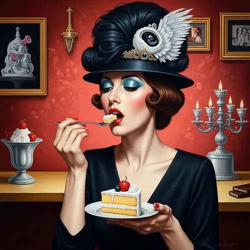 Glamorous Woman enjoying cake in surreal environment | Digital Oil Painting