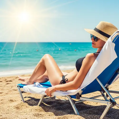 Serene Beach Scene: Caucasian Woman Relaxing Under the Sun