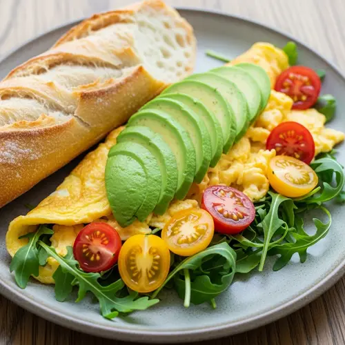 Delicate Scrambled Eggs with Avocado, Arugula, and Tomatoes