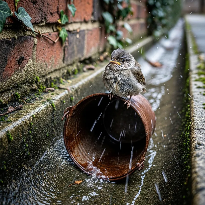 Sad Bird Flying on Bucket Along Gutter