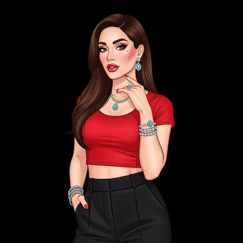 Stunning Tall Diva: Bright Makeup, Red Crop Top & Jewelry