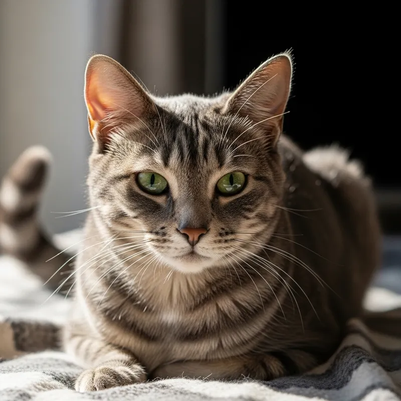 Grey Cat with Triangular Face Relaxing | Adorable Pose on Blanket