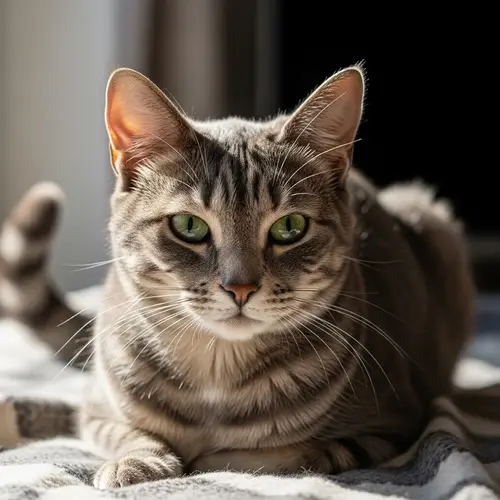 Domestic Cat with Triangular Face and Grey Coat | Relaxing Pose on Blanket