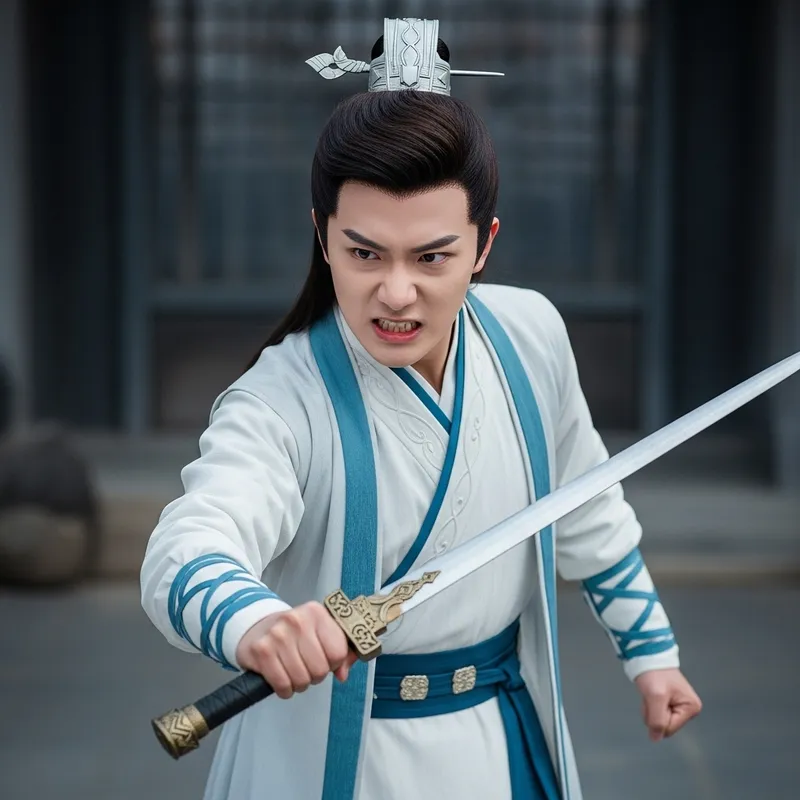 Ancient Warrior in White and Blue Attire with Angry Expression