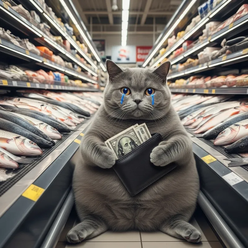 Sad British Shorthair Cat in Grocery Store | Realistic Fish Scene
