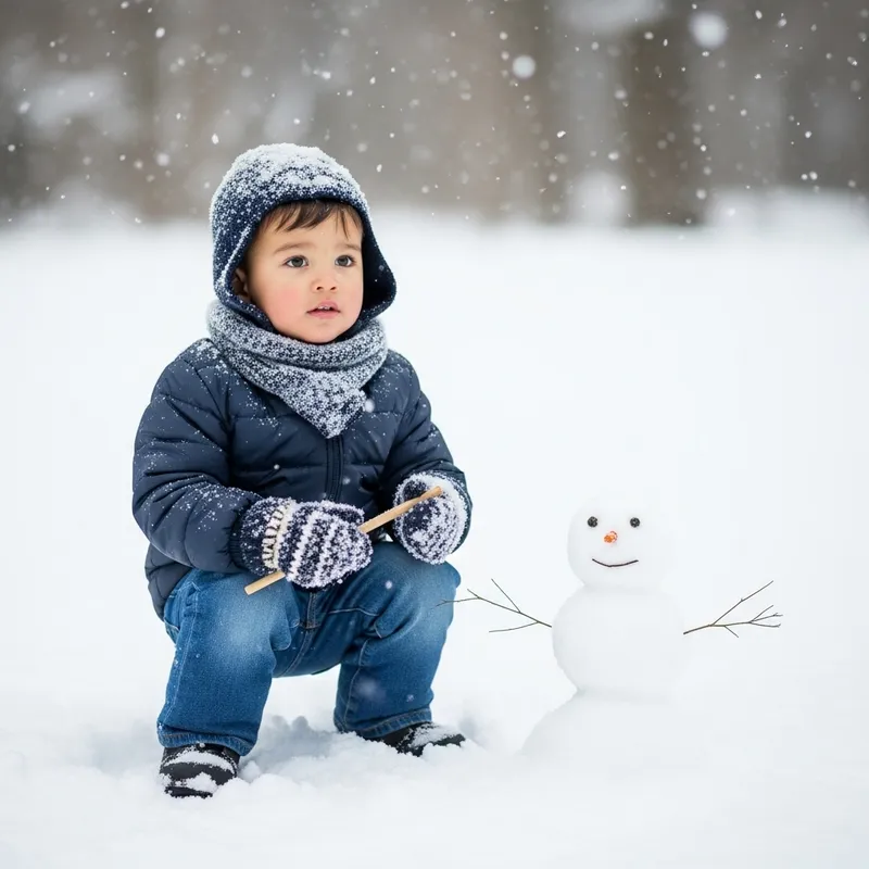 Curious Boy Squatting in Snow with Snowman - Winter Scene
